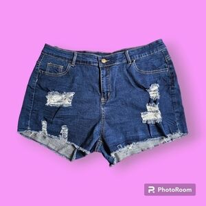 Dark Blue Women's High Waisted Distressed Denim Shorts Size 20